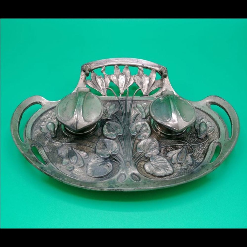 Large French Art Nouveau Pewter Inkwell Tray with Intricate Antique Floral Motif
